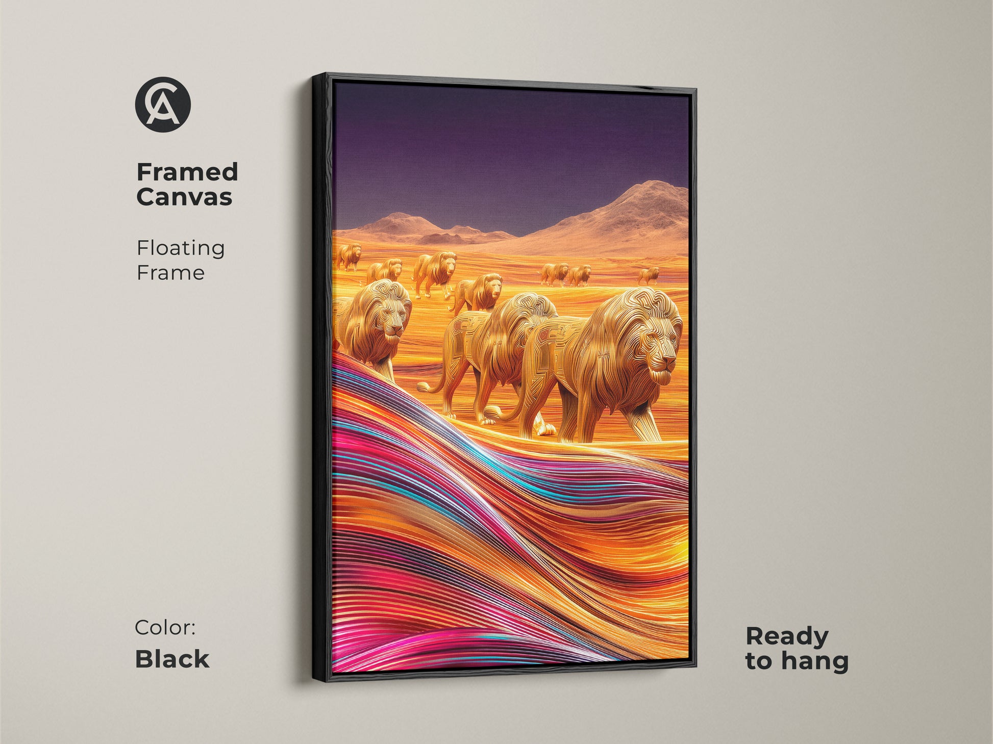 Framed canvas featuring abstract golden lions walking across a vibrant desert. This modern piece is ready to hang with a floating black frame. The contemporary animal artwork adds a touch of unique wall decor. Great as a housewarming gift.