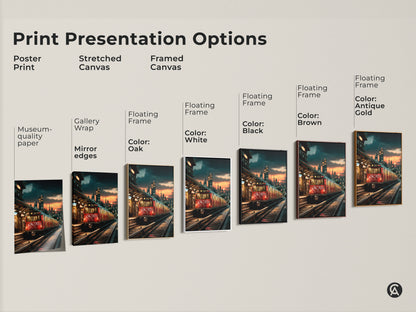 Explore print presentation options for cityscape graffiti artwork. Choose from poster print stretched canvas and framed canvas styles. Available with gallery wrap mirror edges and museum-quality paper. Select floating frame colors like oak white black brown and antique gold.
