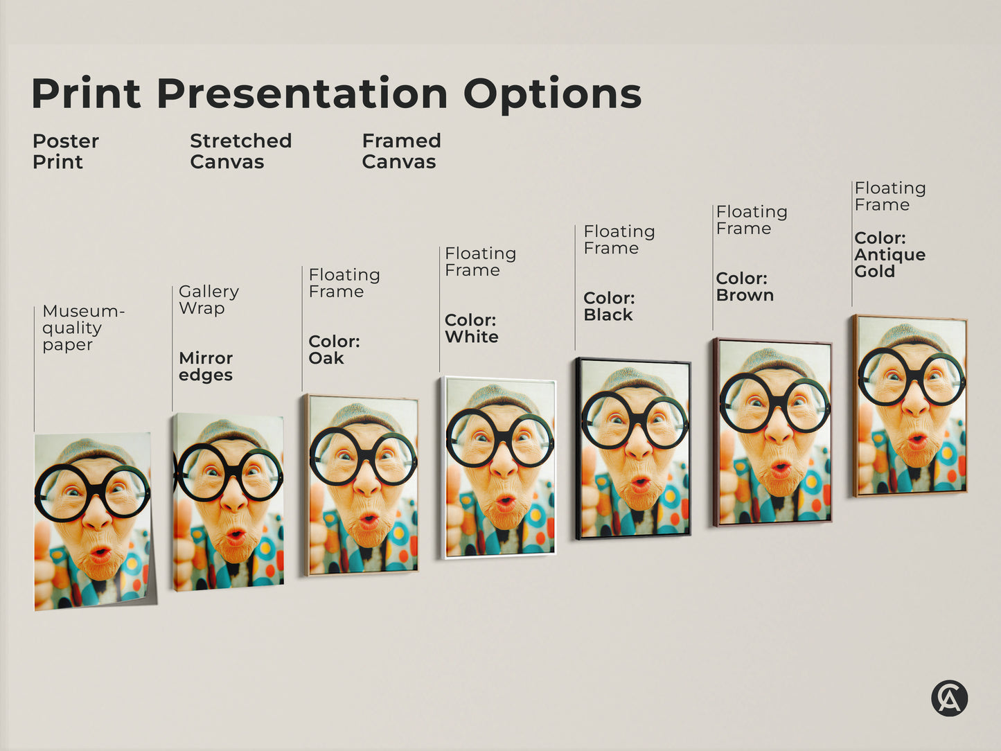 Explore print presentation options for museum-quality paper art. Select from poster prints stretched canvas and framed canvas. Customize your wall art with floating frame colors like white black brown and gold.