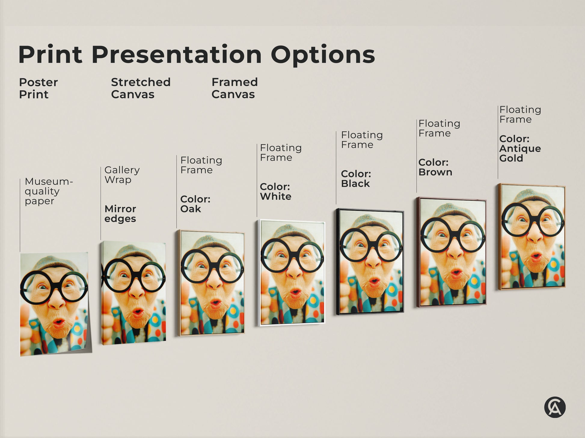 Explore print presentation options for museum-quality paper art. Select from poster prints stretched canvas and framed canvas. Customize your wall art with floating frame colors like white black brown and gold.