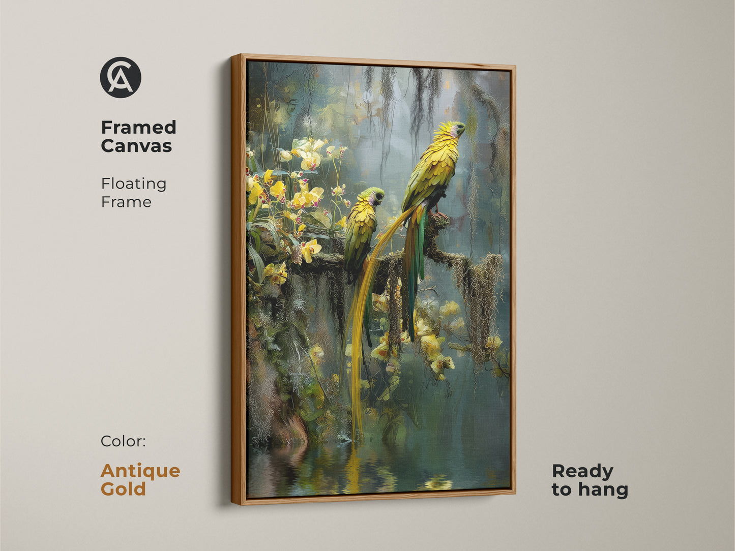 Framed in antique gold this canvas print features two vibrant yellow parrots in a rainforest. The floating frame enhances the photorealistic animal artwork. This is ready to hang and adds a touch of exotic bird wildlife to your home. A unique tropical artwork for nature and bird lovers.