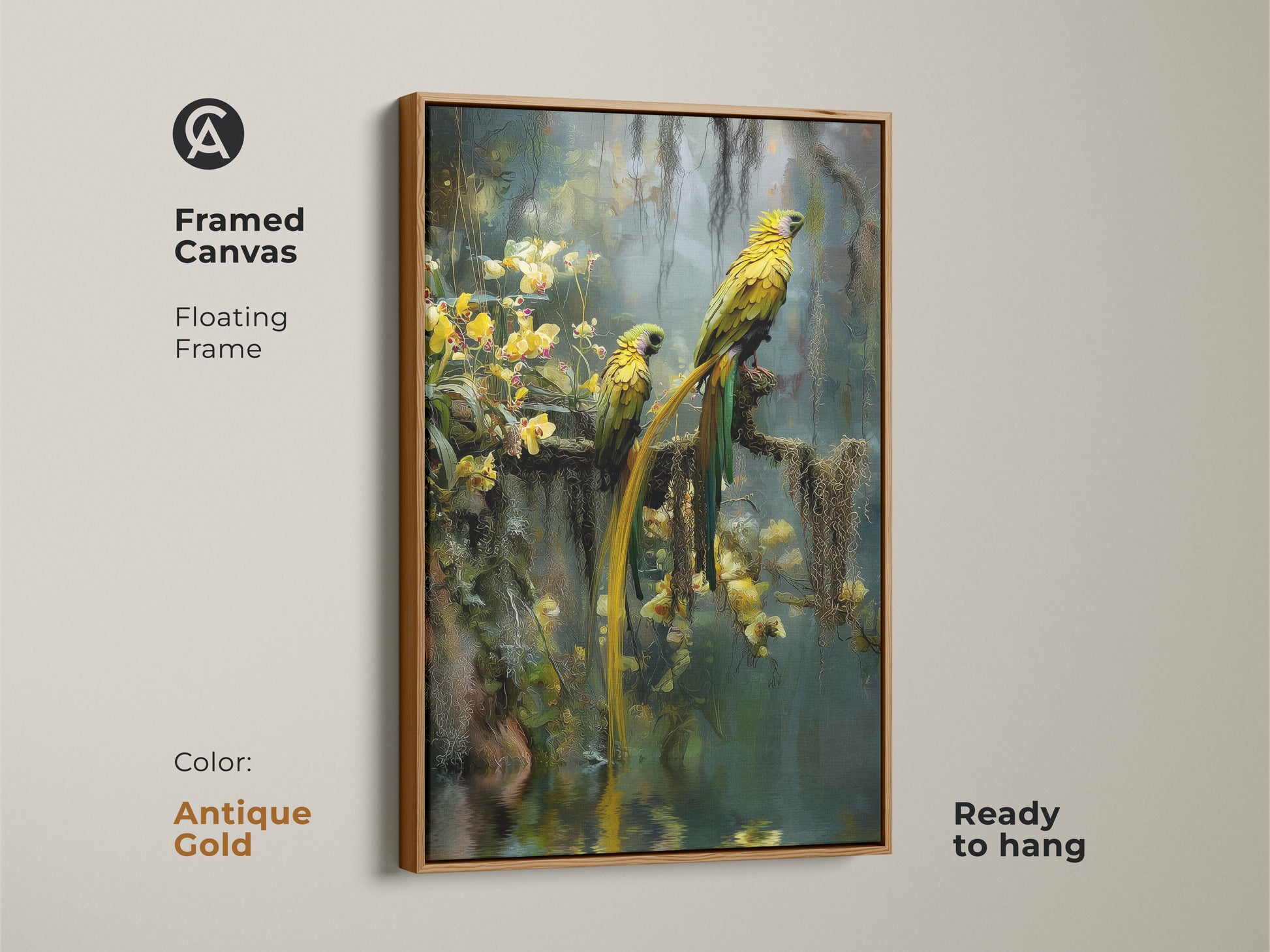 Framed in antique gold this canvas print features two vibrant yellow parrots in a rainforest. The floating frame enhances the photorealistic animal artwork. This is ready to hang and adds a touch of exotic bird wildlife to your home. A unique tropical artwork for nature and bird lovers.