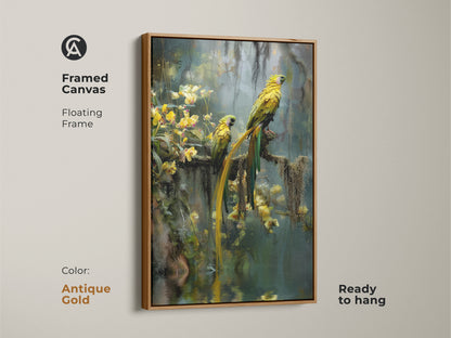 Framed in antique gold this canvas print features two vibrant yellow parrots in a rainforest. The floating frame enhances the photorealistic animal artwork. This is ready to hang and adds a touch of exotic bird wildlife to your home. A unique tropical artwork for nature and bird lovers.