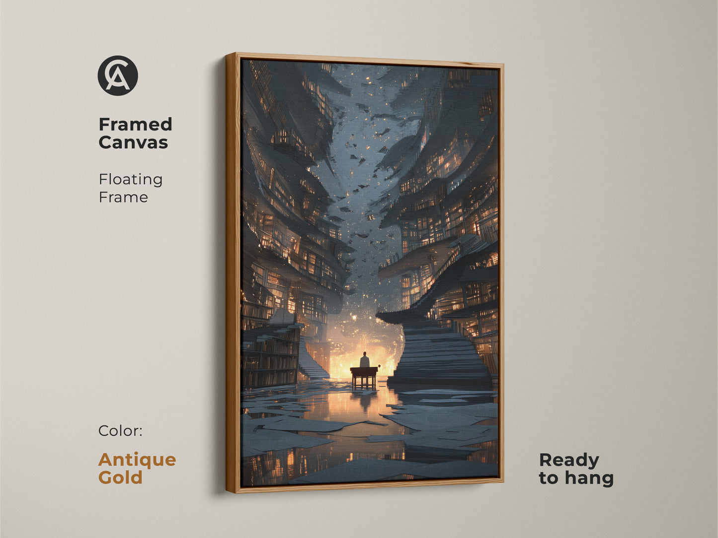 Framed canvas of a surreal library with an antique gold floating frame. The digital artwork print is ready to hang. This fantasy bookstore canvas adds an eclectic touch to a study. A unique gold blue tone artwork.