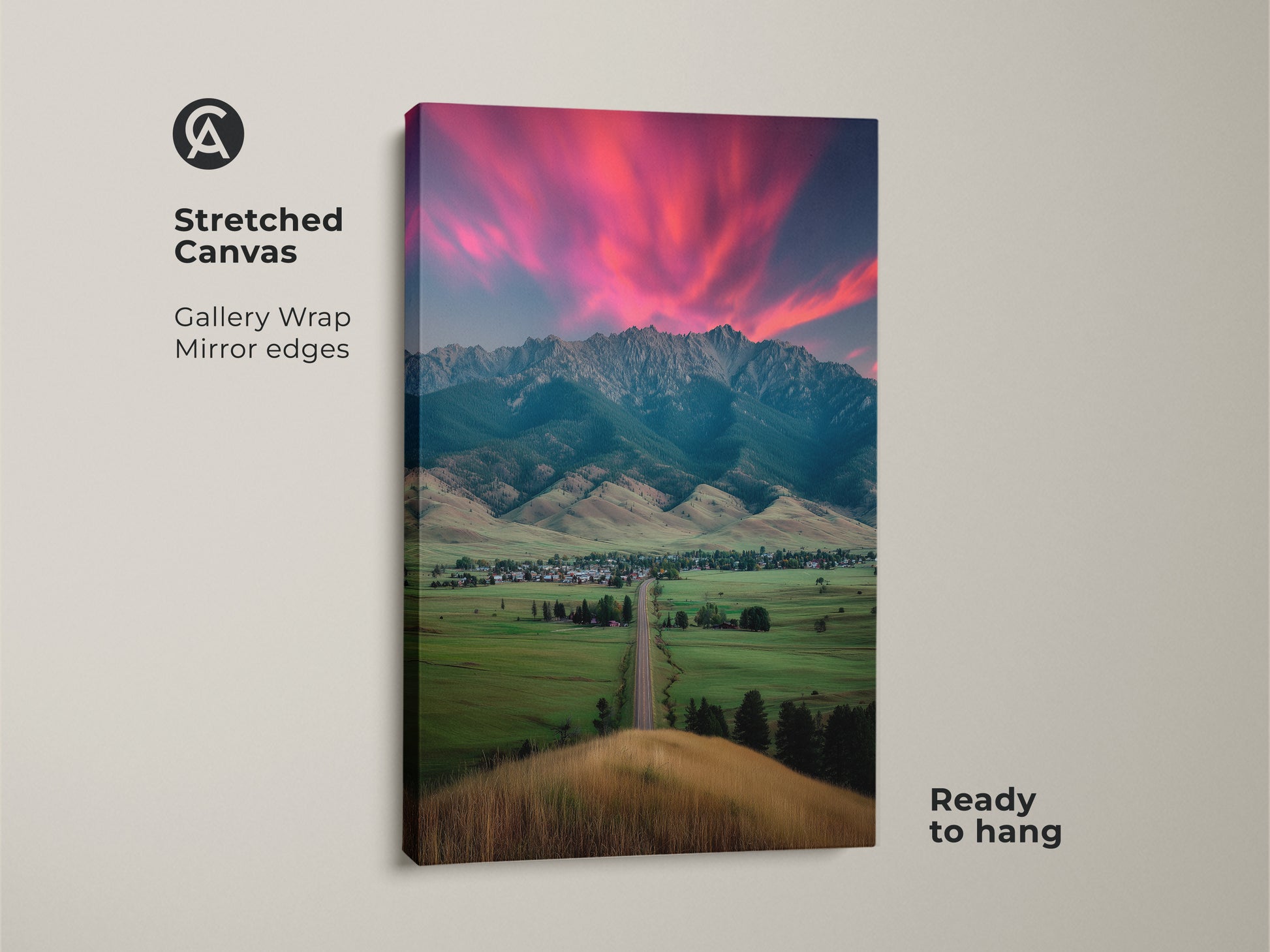 Stretched pink sunset mountain canvas art ready to hang. The gallery wrap with mirror edges enhances the landscape wall art. This modern farmhouse decor evokes a scenic bedroom wall. Perfect as a housewarming gift for outdoor lovers. Ideal for residential wall decor.