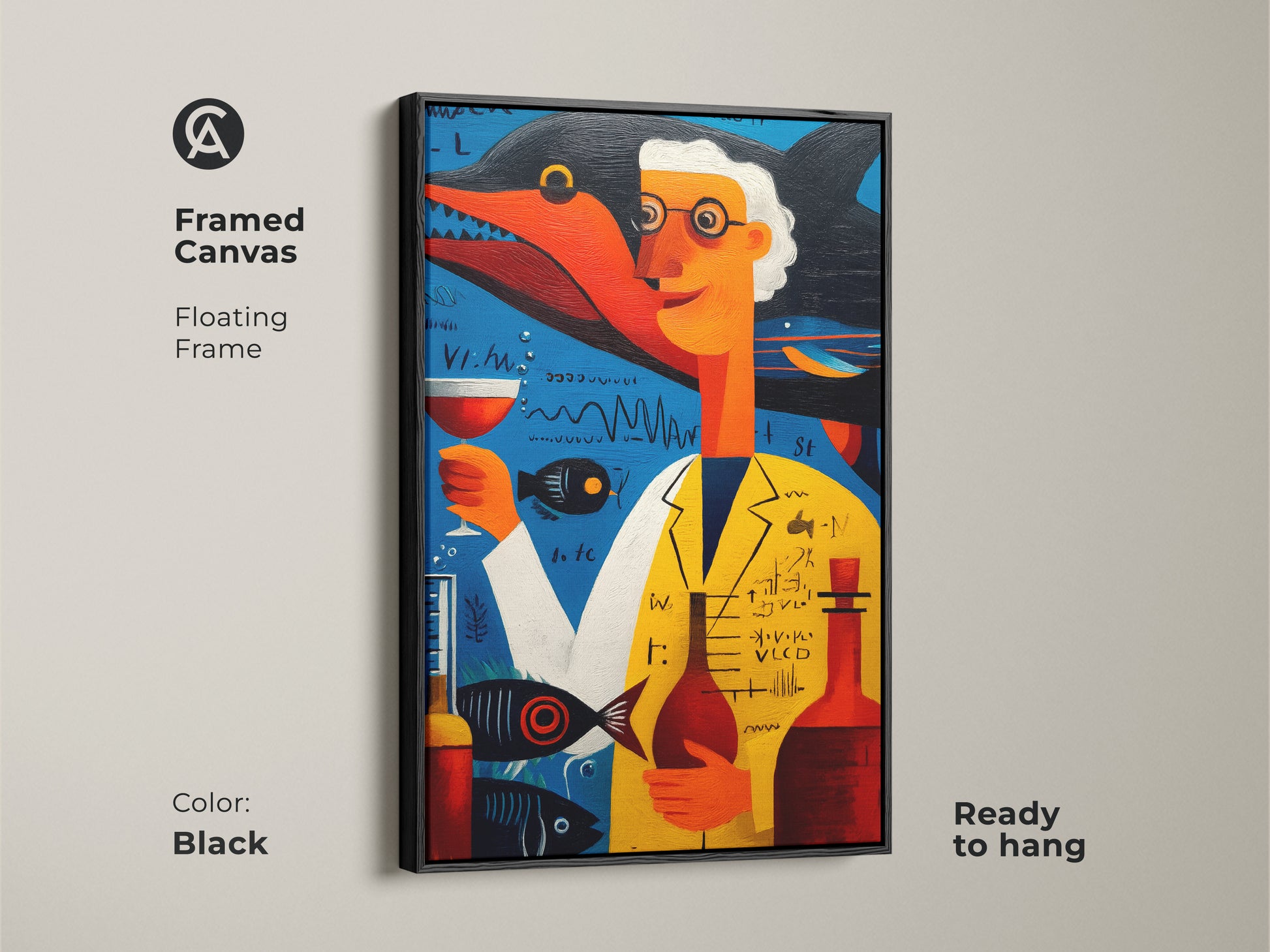 Framed canvas of a surreal scientist with shark art. A whimsical piece for science enthusiasts. The floating frame in black enhances the blue yellow and orange artwork. Ready to hang unique study office decor.