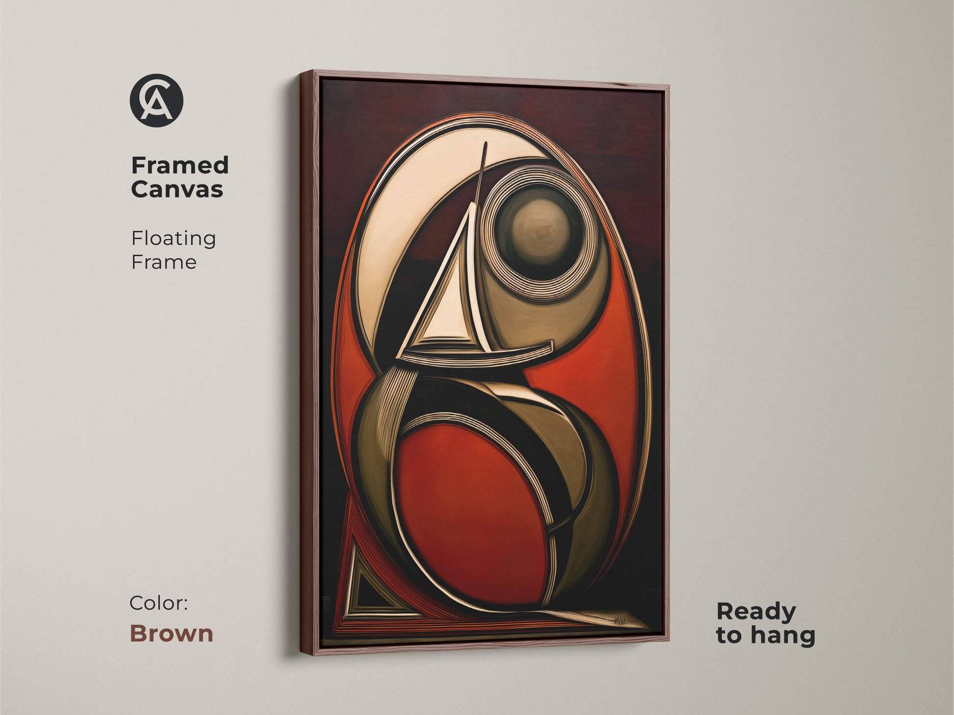 Framed canvas with floating frame showcasing geometric sailboat art. The brown frame complements the rust red dark brown and gold tones of this nautical abstract wall art. Perfect for office decor or eclectic home art.