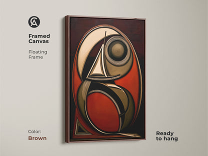 Framed canvas with floating frame showcasing geometric sailboat art. The brown frame complements the rust red dark brown and gold tones of this nautical abstract wall art. Perfect for office decor or eclectic home art.