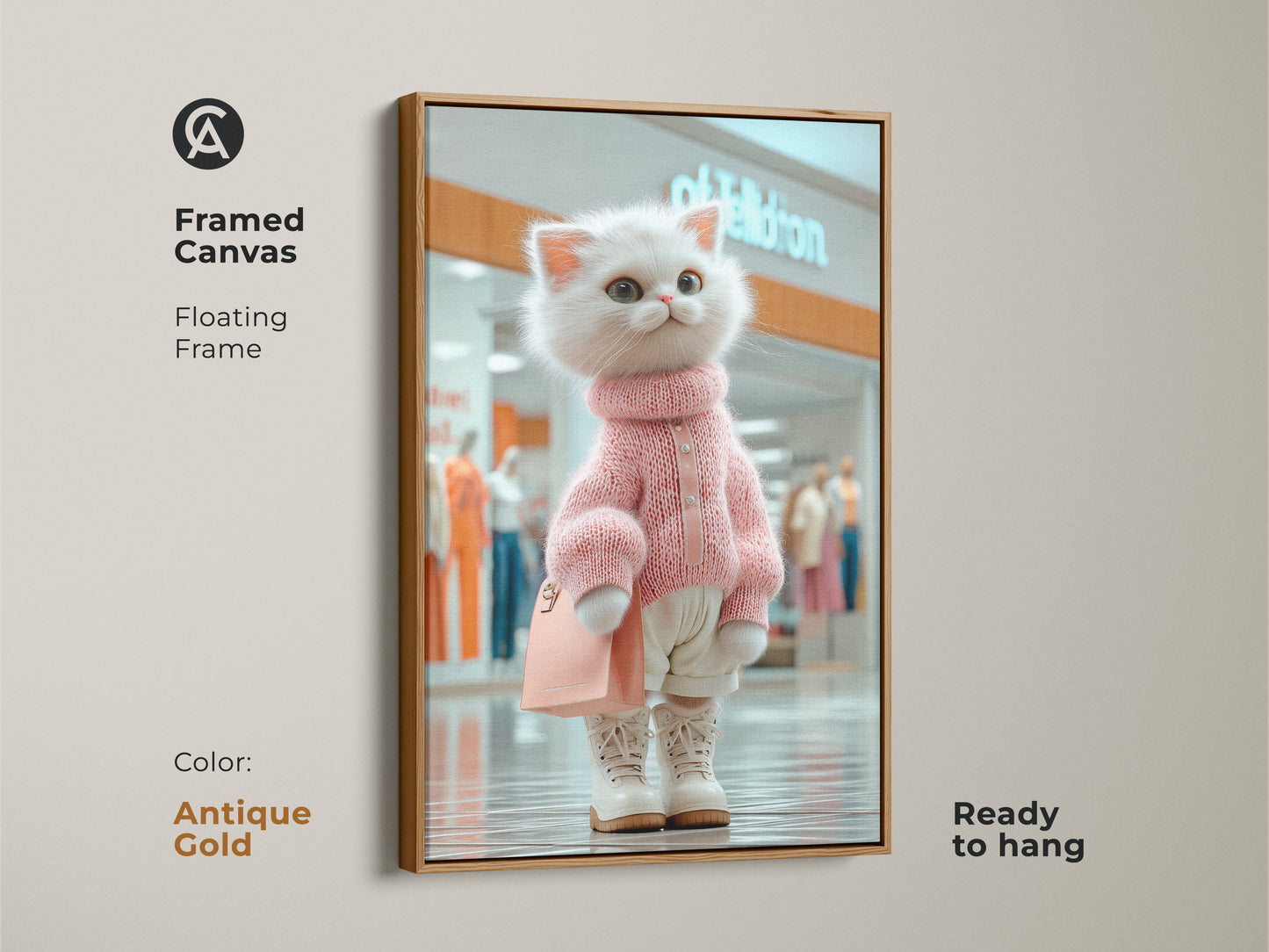 Framed canvas with an antique gold floating frame of a cute white cat at the mall. This elegant cat art is ready to hang. Perfect for adding a touch of sophistication to your home decor.