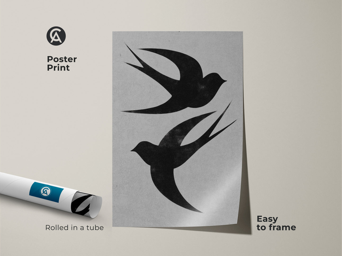 This is a minimalist swallow poster print. The black and white bird artwork is rolled in a tube for easy framing. Modern nature wall decor suitable for any room. Ideal as minimalist home decor gift for bird and art lovers.