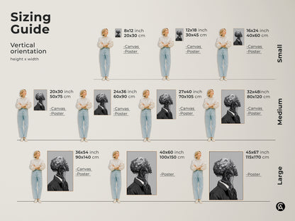 Sizing guide for surreal botanical head art. Vertical orientation options are available in small medium and large sizes. Canvas and poster prints are offered. This guide helps visualize the artwork in different dimensions.