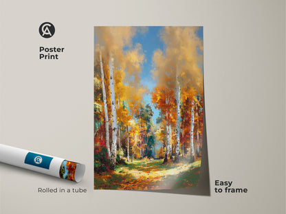 Poster print featuring a vibrant forest scene. This rolled artwork is easy to frame. The museum-quality paper highlights the fall colors. A stunning piece for art lovers.