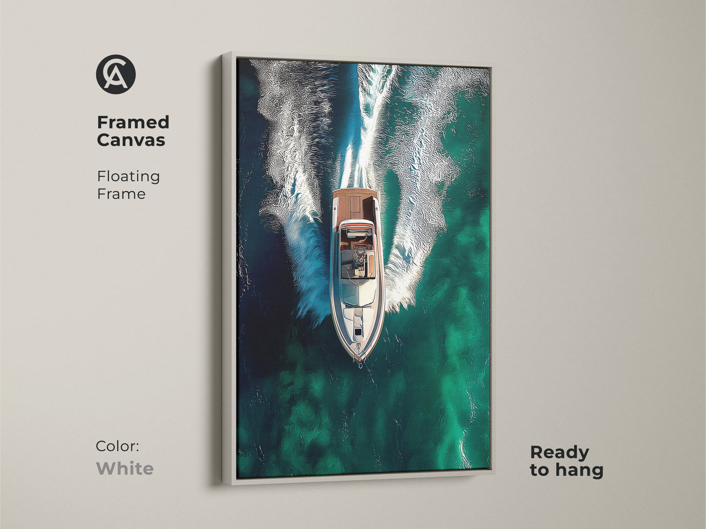 This framed canvas art displays a floating frame in white. The abstract speedboat canvas print features teal ocean waves. It's a modern contemporary decor piece for boat lovers. This nautical abstract print enhances any room. It's ready to hang.