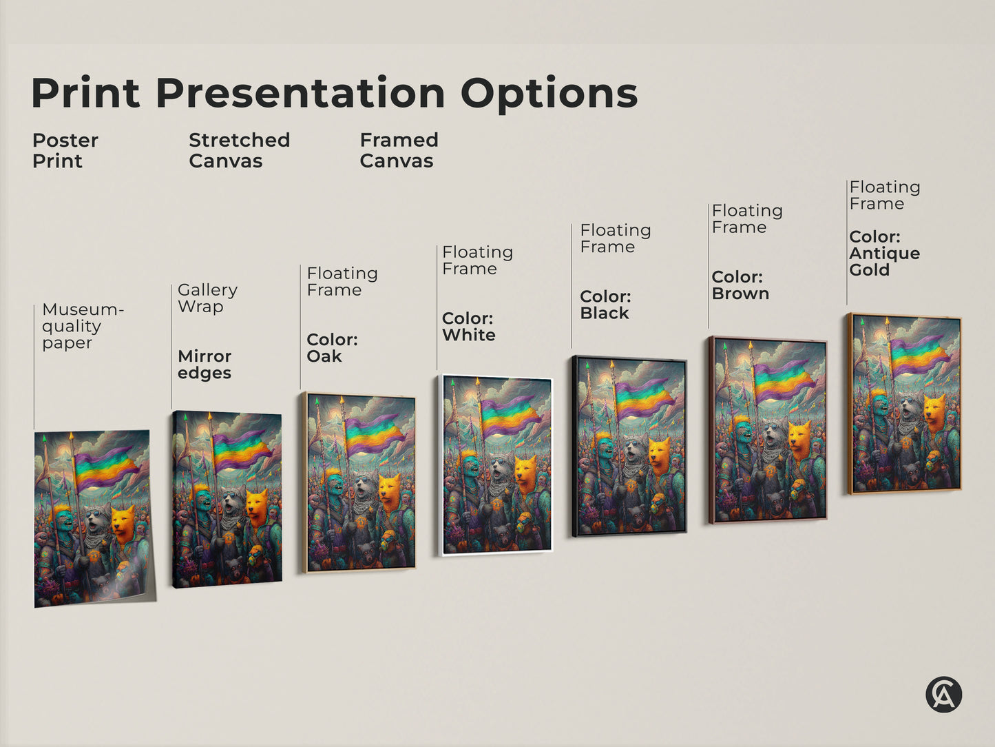 This image shows the print presentation options. It shows a poster print a stretched canvas print and framed canvas prints. The framed canvas prints have floating frames and come in Black Brown Antique Gold and White.