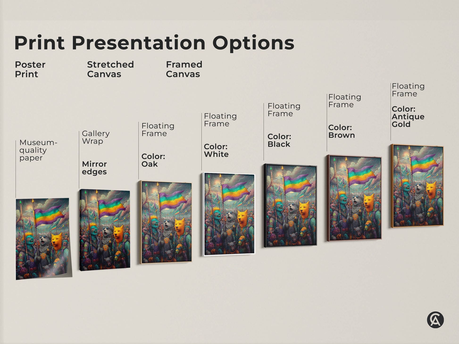 This image shows the print presentation options. It shows a poster print a stretched canvas print and framed canvas prints. The framed canvas prints have floating frames and come in Black Brown Antique Gold and White.