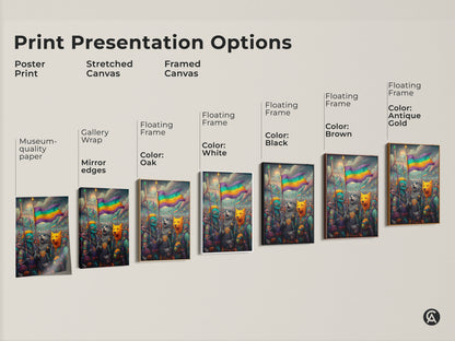 This image shows the print presentation options. It shows a poster print a stretched canvas print and framed canvas prints. The framed canvas prints have floating frames and come in Black Brown Antique Gold and White.