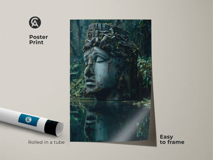 Poster print of surrealist sculpture art. The mythology head wall art has deep blues grays and greens. Easy to frame dark academia canvas print that's rolled in a tube. It's an ideal housewarming gift.