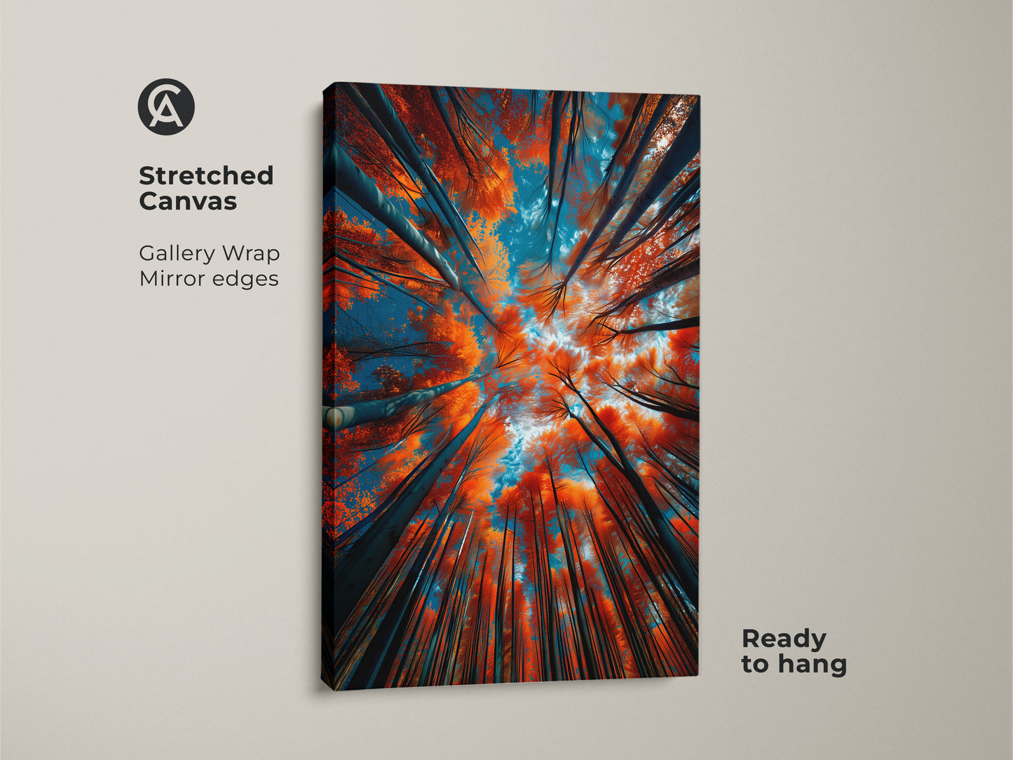 A stretched canvas artwork of tall trees. The view is looking up into the sky. The orange leaves and blue sky are vibrant. This canvas art is ready to hang. It adds a touch of nature to your home decor. Get yours now