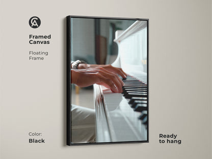 Black framed canvas of a piano. The floating frame enhances the art of hands playing a white grand piano. Ready to hang in any room. Add a touch of musical elegance to your space. Shop now for unique wall art