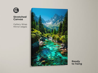 Stretched canvas art of a mountain river with turquoise water and lush pine trees ready to hang. The gallery wrap and mirror edges enhance the artwork. It's an ideal rustic cabin wall decor for nature lovers seeking a serene landscape.