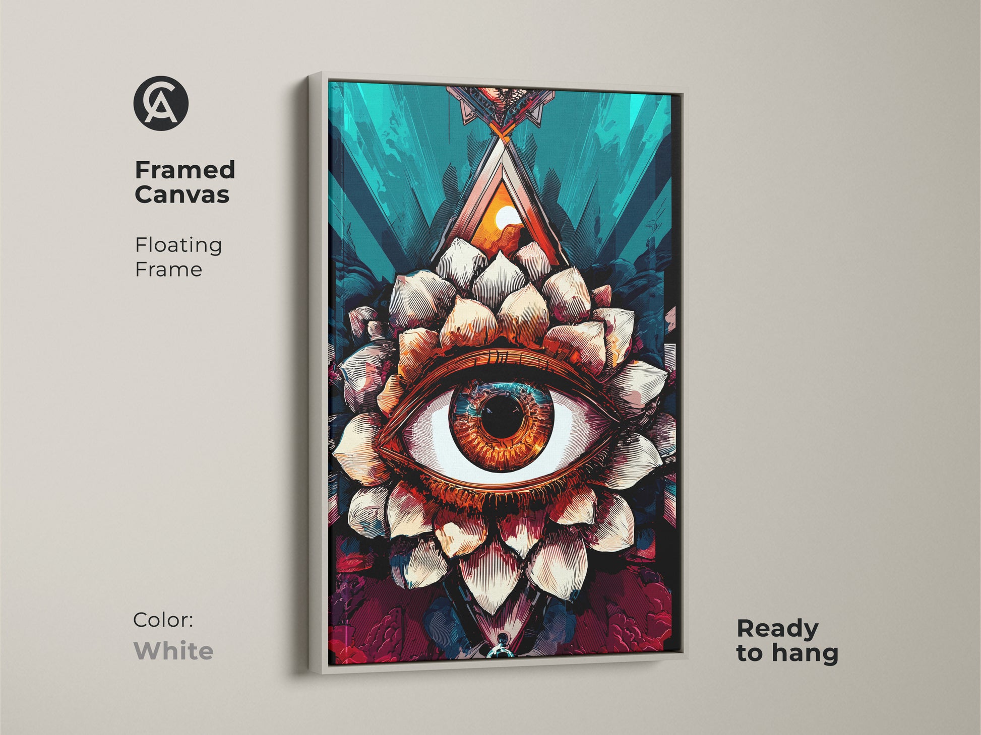 Framed canvas of surreal eye lotus artwork in a white floating frame. This abstract canvas artwork adds a spiritual touch. Ready to hang this amber and teal artwork complements eclectic and spiritual home styles. The mystic third eye painting is a unique gift.