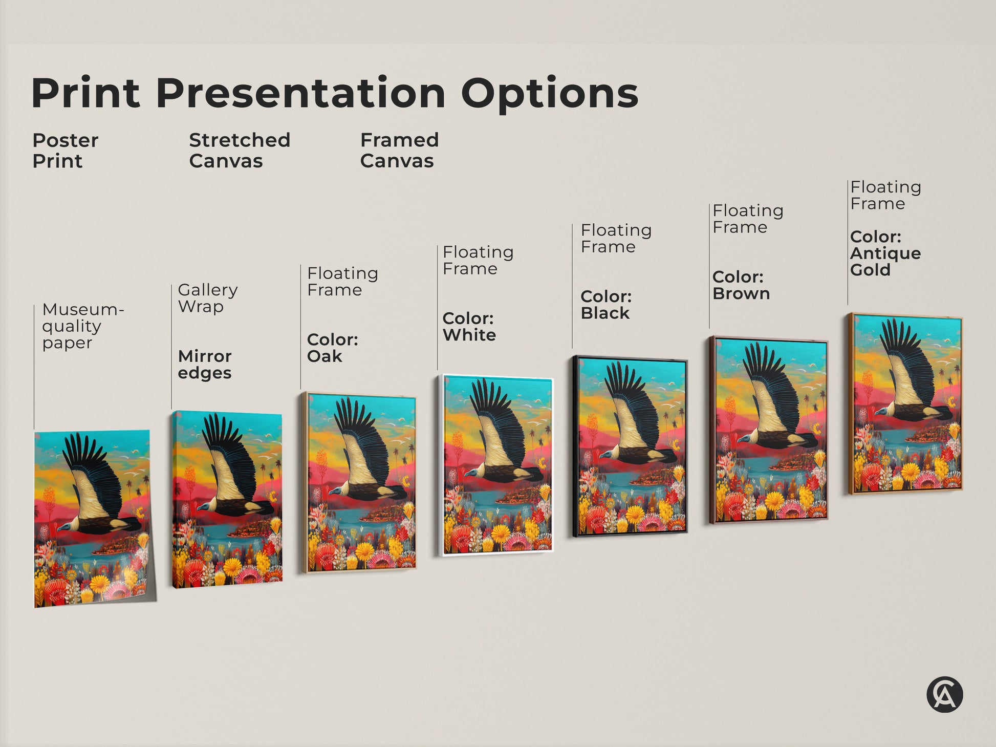 Explore print presentation options for the colorful vulture artwork. See the tropical wildlife landscape art on stretched and framed canvas. Choose from various frame colors to complement your space.