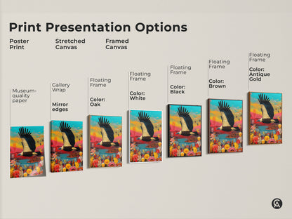 Explore print presentation options for the colorful vulture artwork. See the tropical wildlife landscape art on stretched and framed canvas. Choose from various frame colors to complement your space.