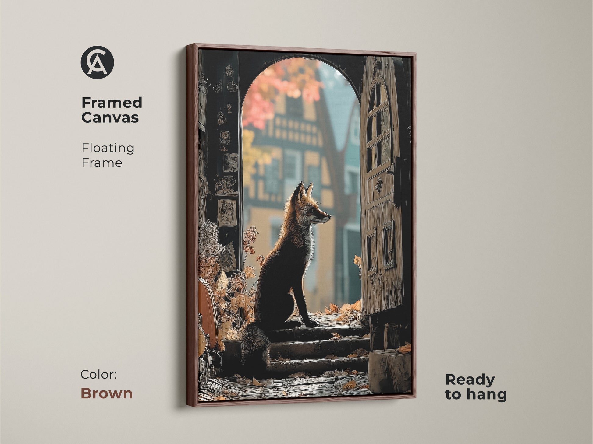 This framed canvas has a floating frame in brown. The archway fox print features woodland animal art. It is ready to hang. The color palette is gold & brown. This eclectic piece is great for animal lovers.