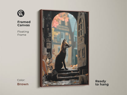 This framed canvas has a floating frame in brown. The archway fox print features woodland animal art. It is ready to hang. The color palette is gold & brown. This eclectic piece is great for animal lovers.