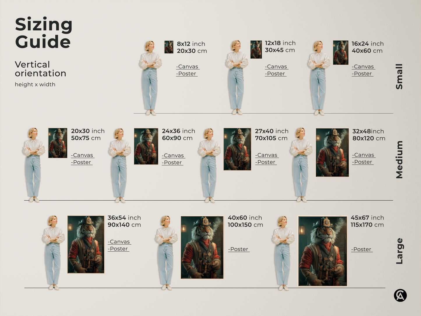 Sizing guide for steampunk tiger artwork featuring a vertical orientation. Available in small medium & large sizes. Displayed as canvas & poster options. Perfect for study & office wall decor. It’s a unique gift for lovers of vintage character art & animal fantasy art. Enhance your space today.