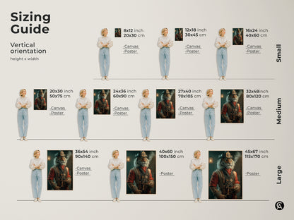 Sizing guide for steampunk tiger artwork featuring a vertical orientation. Available in small medium & large sizes. Displayed as canvas & poster options. Perfect for study & office wall decor. It’s a unique gift for lovers of vintage character art & animal fantasy art. Enhance your space today.