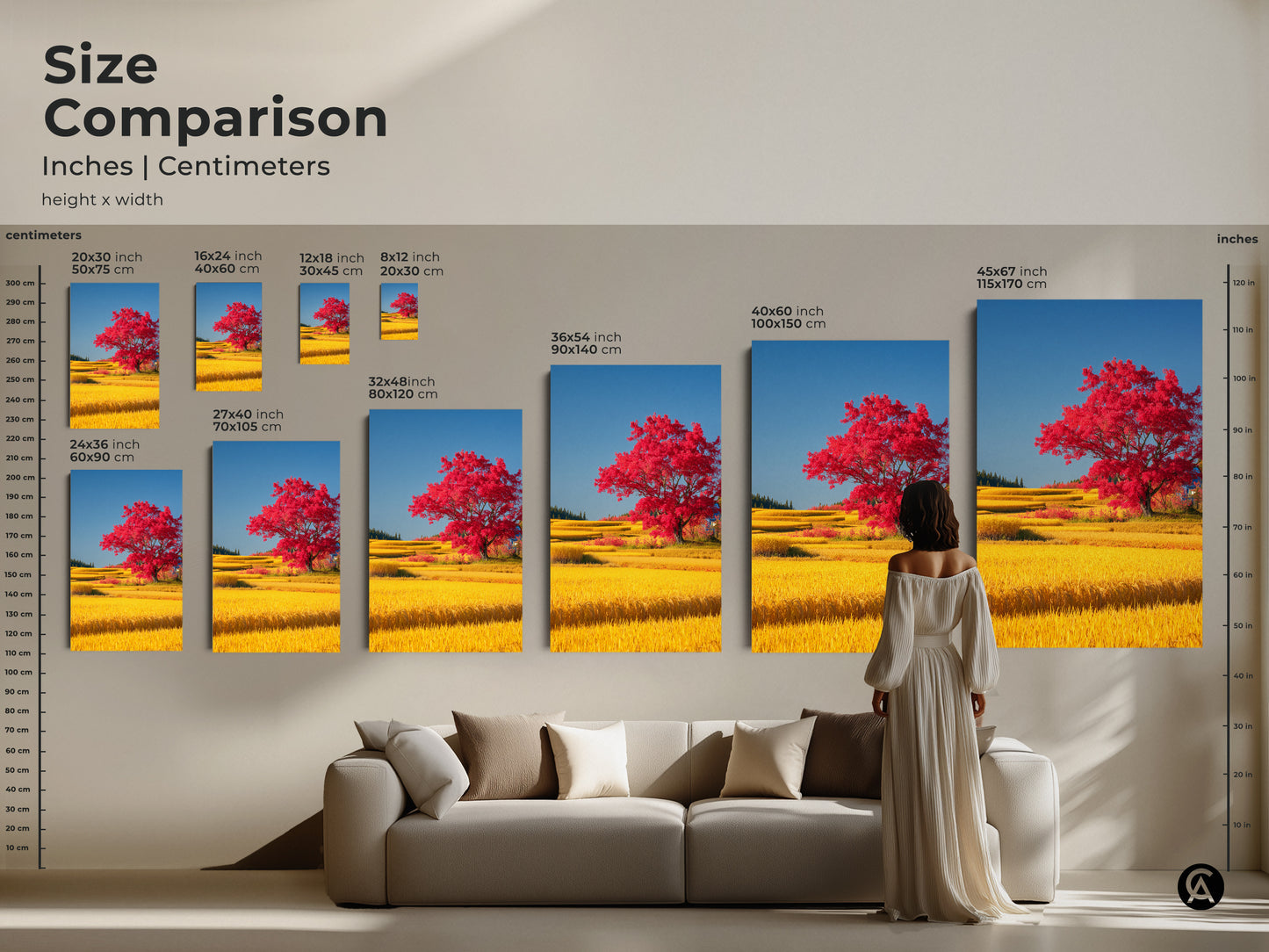 Size comparison showcasing the red tree and yellow rice field canvas art in various dimensions. Ranging from small to extra large. This visual guide helps you select the perfect size for your space. See how each picturesque landscape print fits above a sofa for an ideal nature inspired decor.