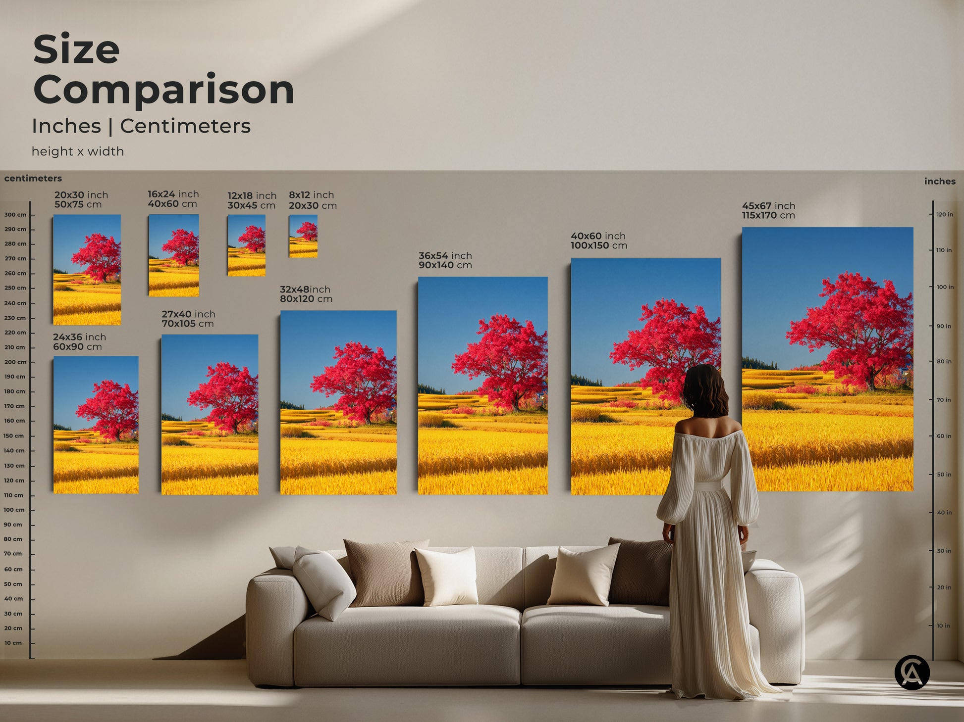 Size comparison showcasing the red tree and yellow rice field canvas art in various dimensions. Ranging from small to extra large. This visual guide helps you select the perfect size for your space. See how each picturesque landscape print fits above a sofa for an ideal nature inspired decor.