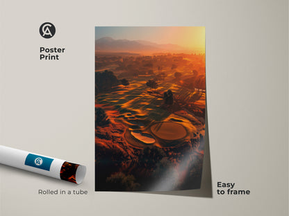 Bring the beauty of a sunrise golf course into your home with this poster print. The artwork captures the serene landscape in golden light. Rolled in a tube and easy to frame it adds a touch of sophistication. This piece is perfect for golf lovers and art enthusiasts alike. A great addition to any space.