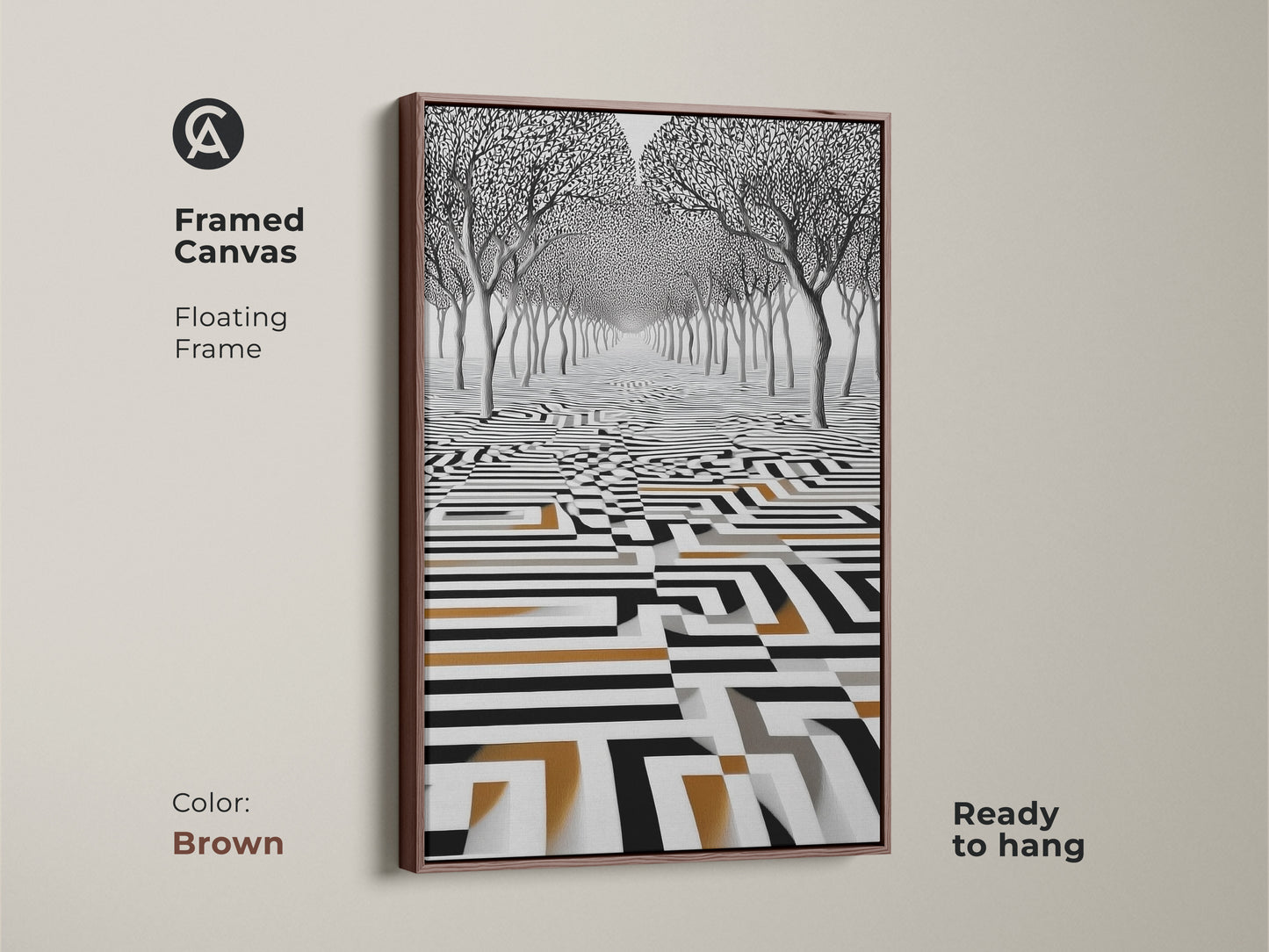 Framed canvas presenting surreal trees in an abstract maze landscape. The brown floating frame complements this monochrome wall art with gold. A modern print ready to hang. A thoughtful housewarming gift for design enthusiasts.