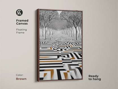 Framed canvas presenting surreal trees in an abstract maze landscape. The brown floating frame complements this monochrome wall art with gold. A modern print ready to hang. A thoughtful housewarming gift for design enthusiasts.