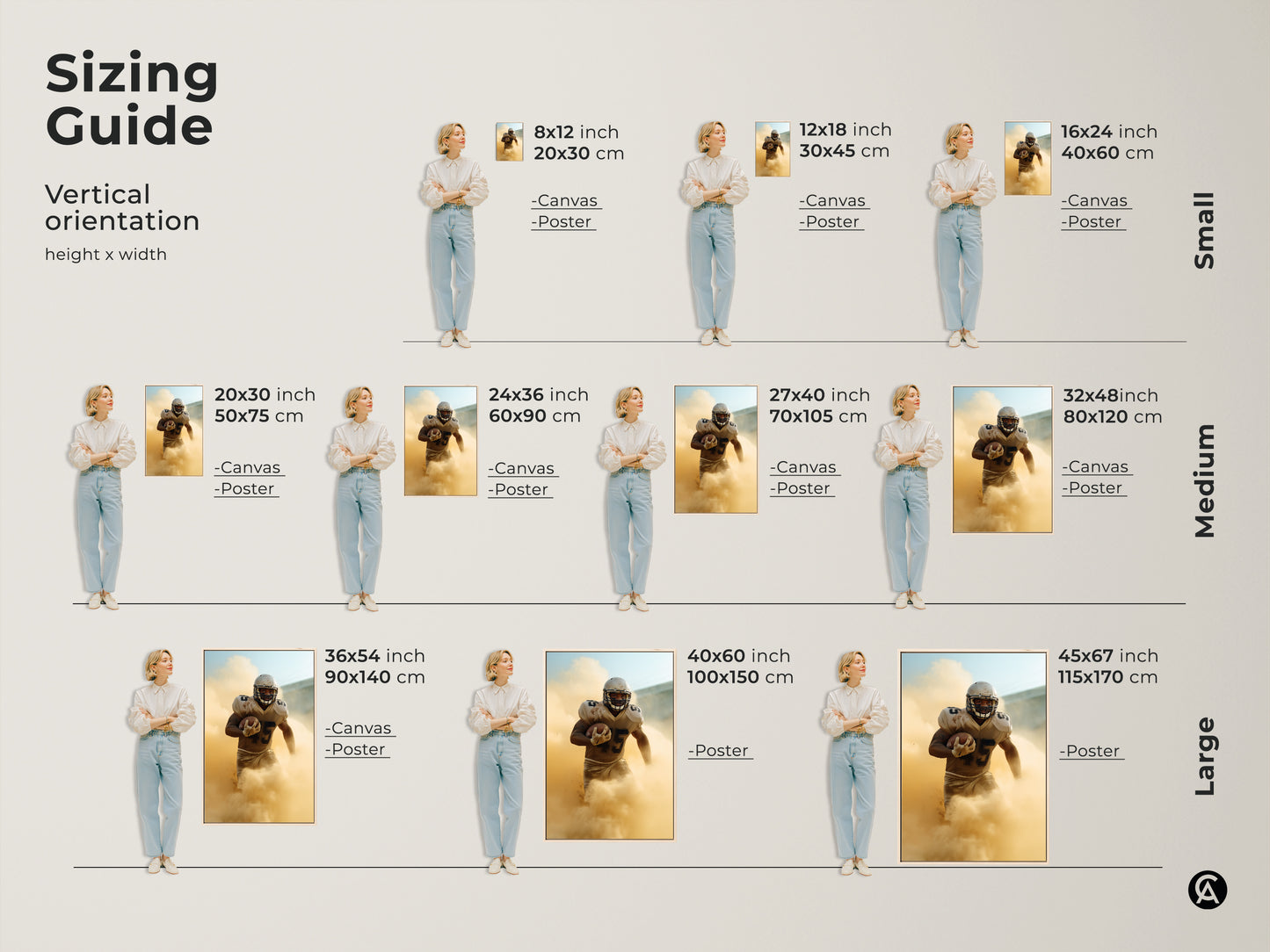 Find the perfect size with this sizing guide for football player canvas art. Vertical orientations range from small to large. This guide helps you visualize the modern sports art in various dimensions ensuring the ideal fit for your space.