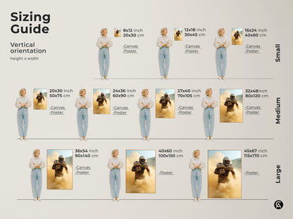 Find the perfect size with this sizing guide for football player canvas art. Vertical orientations range from small to large. This guide helps you visualize the modern sports art in various dimensions ensuring the ideal fit for your space.