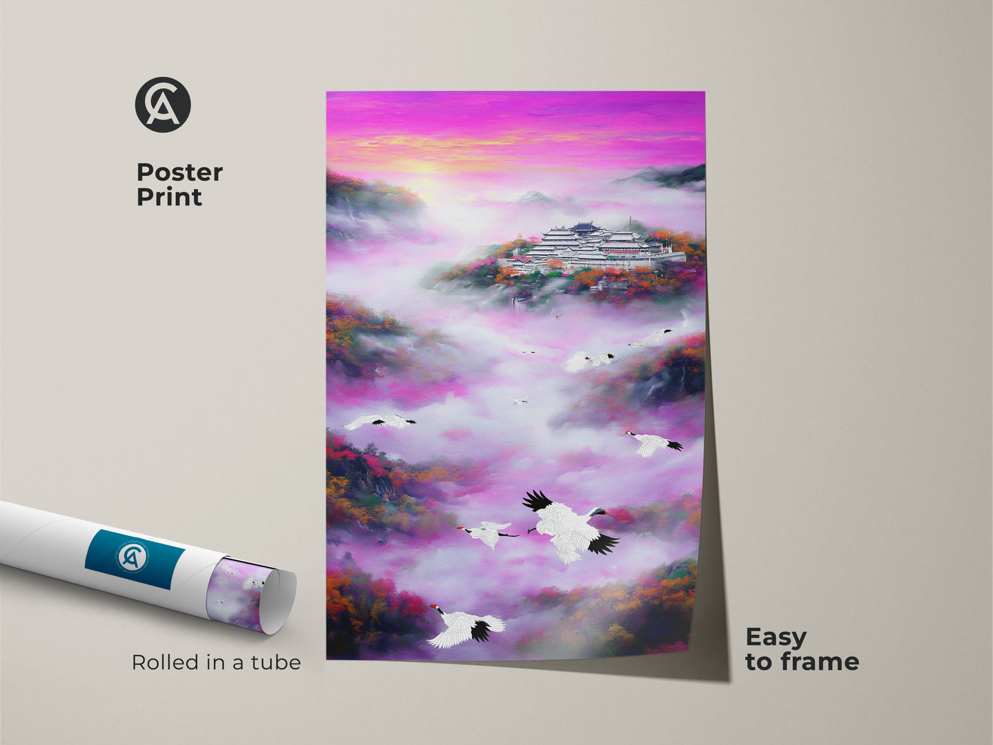 Poster print of Asian nature scenery. This artwork features a traditional Chinese painting. It shows cranes flying across a vibrant purple landscape. The pink mist mountain art offers spiritual home decor. It is an ideal eclectic wall art boho addition. The print is rolled in a tube ready to frame.