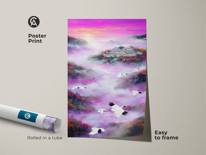 Poster print of Asian nature scenery. This artwork features a traditional Chinese painting. It shows cranes flying across a vibrant purple landscape. The pink mist mountain art offers spiritual home decor. It is an ideal eclectic wall art boho addition. The print is rolled in a tube ready to frame.