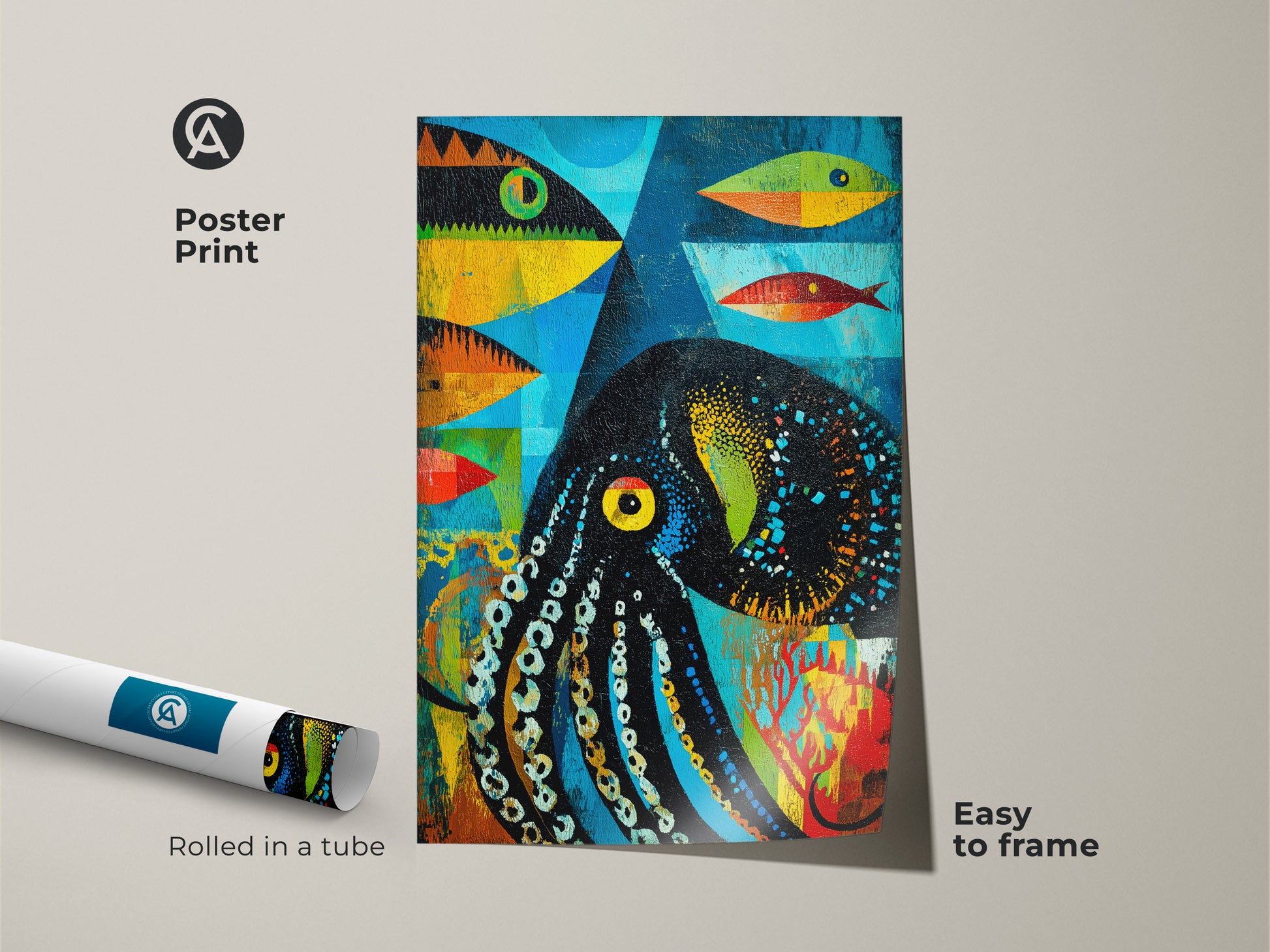 A poster print featuring abstract octopus and fish artwork. The eclectic teal orange and blue ocean theme is printed on museum-quality paper. This colorful art print arrives rolled in a tube. Easy to frame and perfect for any space.