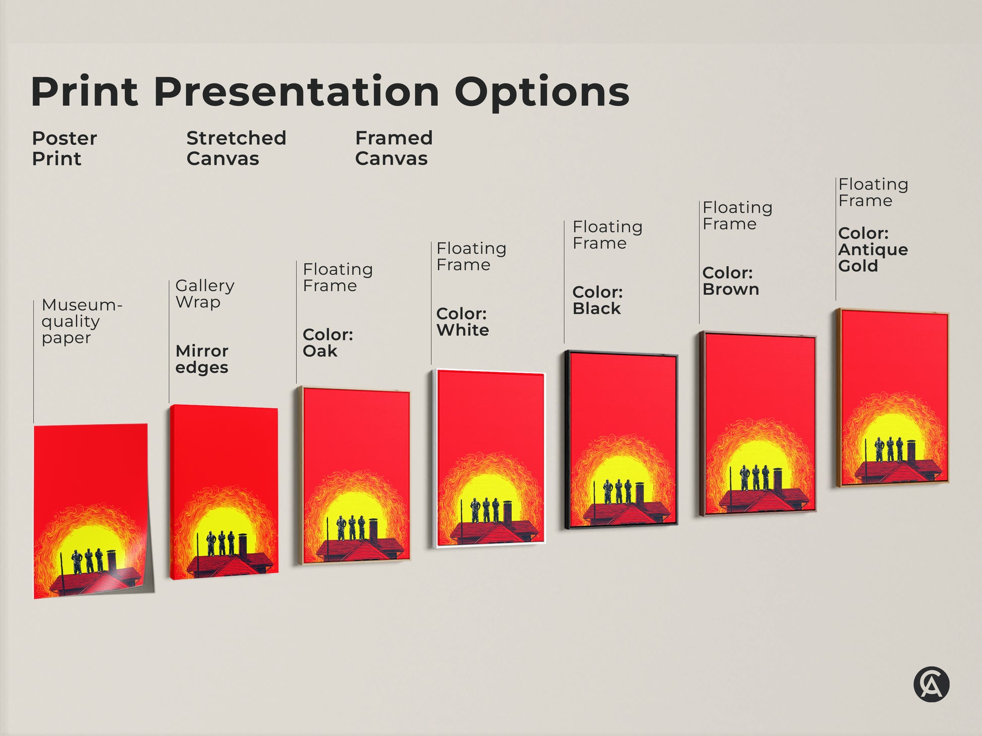 Explore print presentation options for crimson yellow abstract men on roof art. Choose from poster prints stretched canvas and framed canvas options. Find the perfect museum-quality graphic artwork for your office or home decor. Select a style that matches your taste.