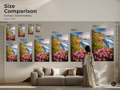 Size comparison of coastal landscape artwork. Various sizes are displayed above a sofa. Perfect for visualizing art in your space. Find ideal sizes for beach house decor.