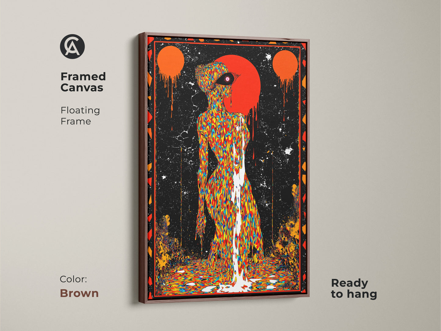Brown framed canvas displaying psychedelic figure art. This multi-colored canvas is ready to hang. Bring a touch of retro inspired art to your hallway. This surreal drip effect wall decor adds an eclectic touch. Transform your walls with this abstract face wall art today. A unique gift idea.