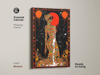 Brown framed canvas displaying psychedelic figure art. This multi-colored canvas is ready to hang. Bring a touch of retro inspired art to your hallway. This surreal drip effect wall decor adds an eclectic touch. Transform your walls with this abstract face wall art today. A unique gift idea.