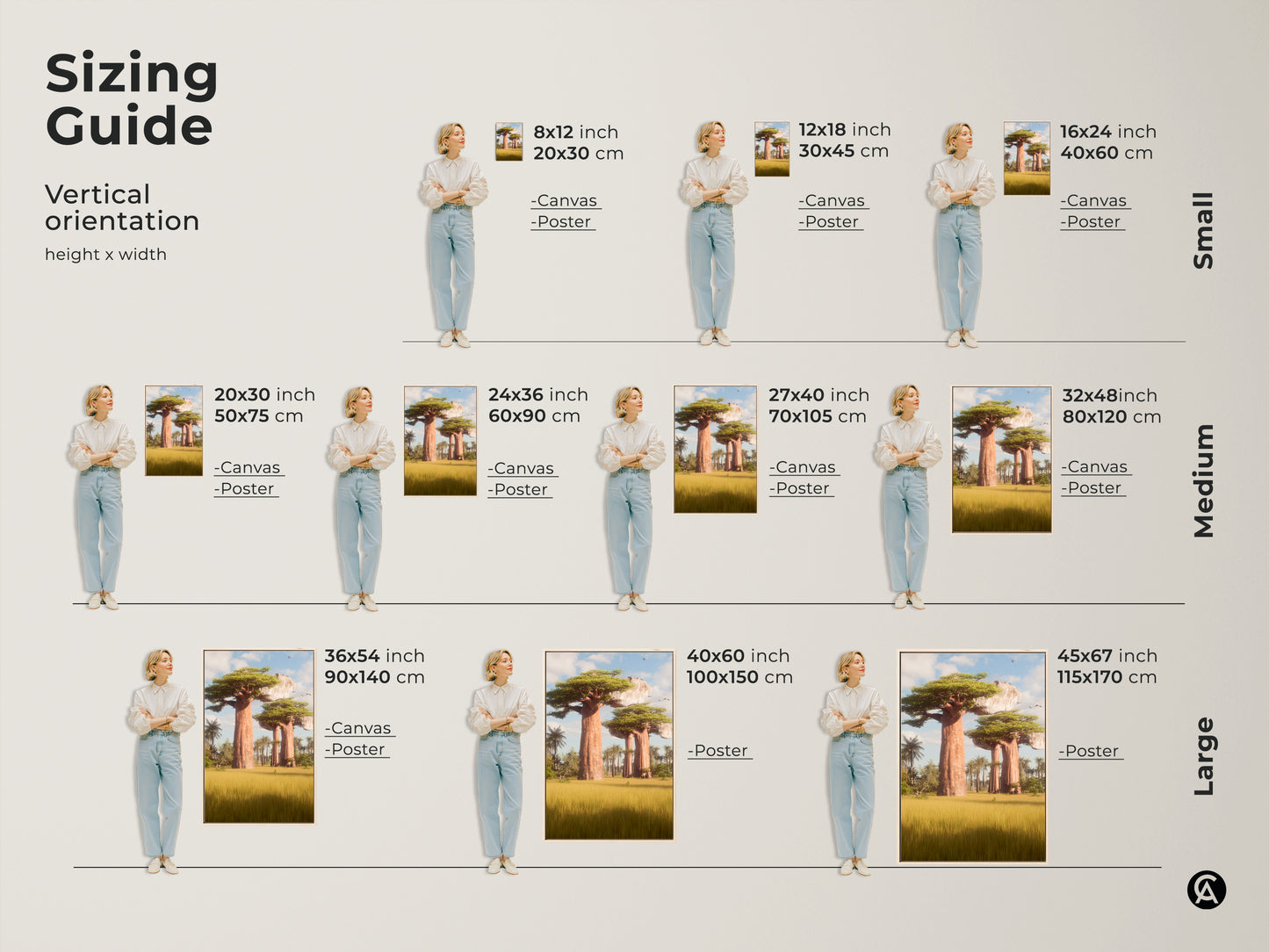 Sizing guide for vertical Baobab Tree art. Available as canvas or poster in sizes from small to large. Find the perfect fit for your space. Choose from 8x12 inch to 45x67 inch options. This African Savanna landscape adds an eclectic touch. Perfect for any room.