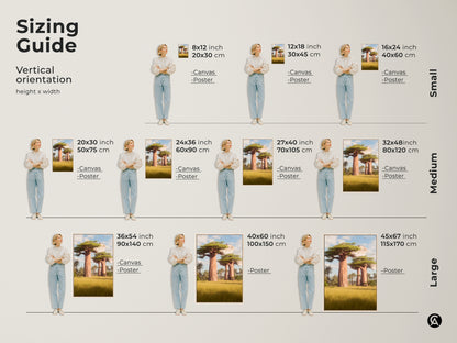 Sizing guide for vertical Baobab Tree art. Available as canvas or poster in sizes from small to large. Find the perfect fit for your space. Choose from 8x12 inch to 45x67 inch options. This African Savanna landscape adds an eclectic touch. Perfect for any room.