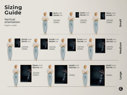 Sizing guide for vertical golf club art prints. Visualize different sizes with models. Available in small medium and large sizes. Choose from canvas or poster prints. Find the ideal fit for your wall and elevate your decor.