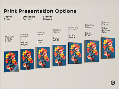 Explore print presentation options with this surreal botanical wall art. Choose from poster print stretched canvas or framed canvas to match your style. This eclectic artwork adds an artistic touch to any home decor.