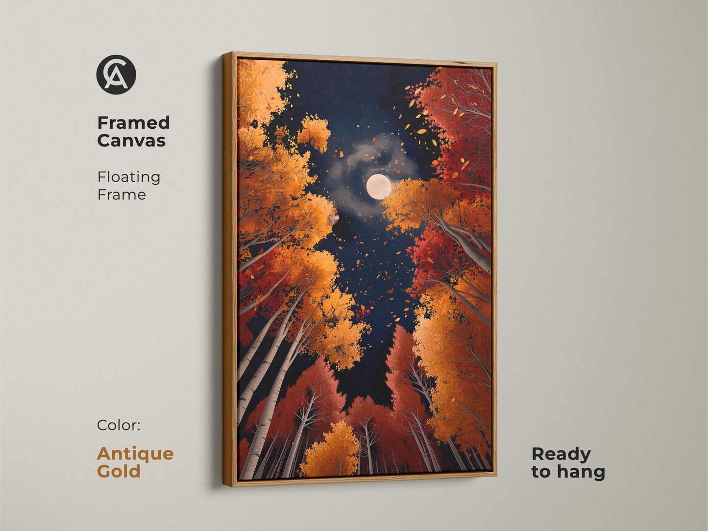 Elevate your decor with 'Autumn Moon' framed canvas in antique gold. This floating frame adds a touch of elegance to the artwork. The vibrant fall trees and moon create a captivating scene. Ready to hang and easy to style. Shop framed artwork today.